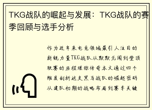 TKG战队的崛起与发展：TKG战队的赛季回顾与选手分析