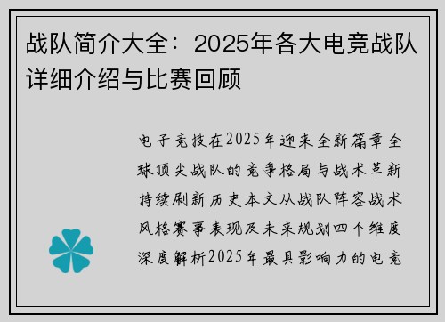 战队简介大全：2025年各大电竞战队详细介绍与比赛回顾