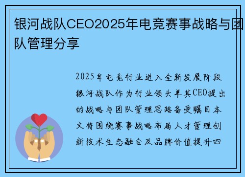 银河战队CEO2025年电竞赛事战略与团队管理分享