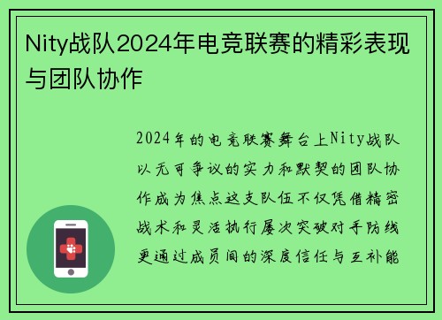 Nity战队2024年电竞联赛的精彩表现与团队协作