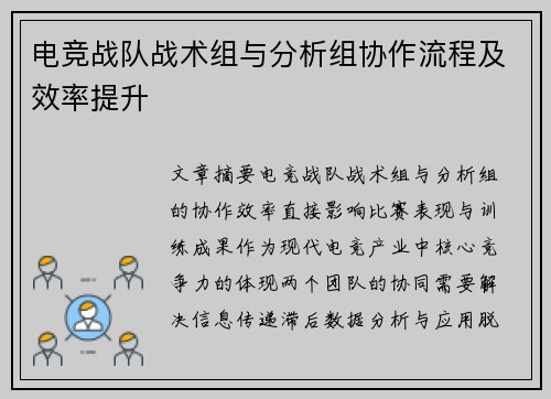 电竞战队战术组与分析组协作流程及效率提升